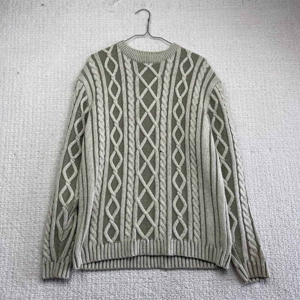 VTG Joseph and Feiss Cable Knit Sweater Mens M Green / Off-White Chunky Read